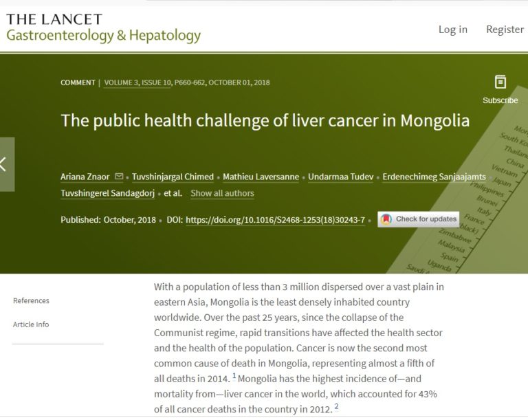 Mongolia has the highest liver cancer incidence and mortality in the world - Lancet Oncology, Oct 2018